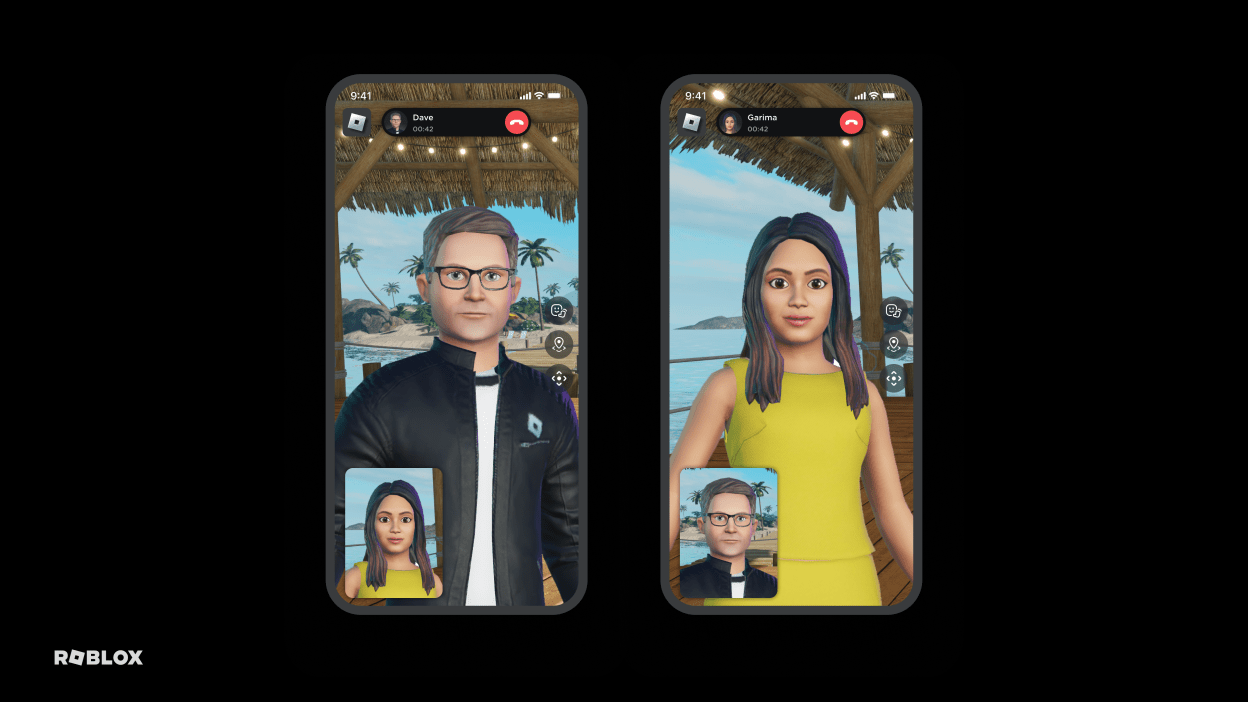 A mock-up of the in-app Roblox Connect call experience. The avatars of two players speak to each other via a display similar to FaceTime. Credit: Roblox