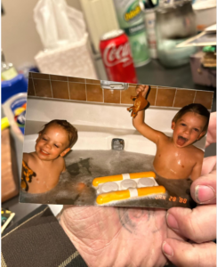 Adam Harisson with his brother Corey bathing as kids